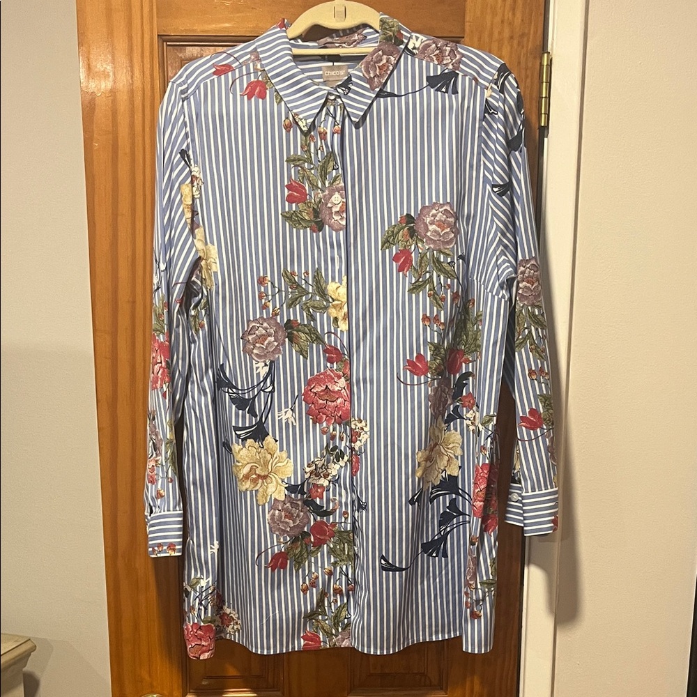 Chico's No Iron Floral Striped Button Down Shirt